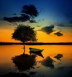 Silhouette tree by lake against sky during sunset