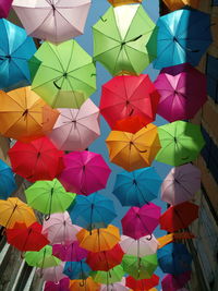 Low angle view of multi colored umbrellas hanging