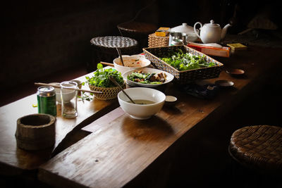 High angle view of leftover food on table