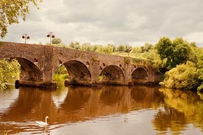 Arch bridge over river against sky