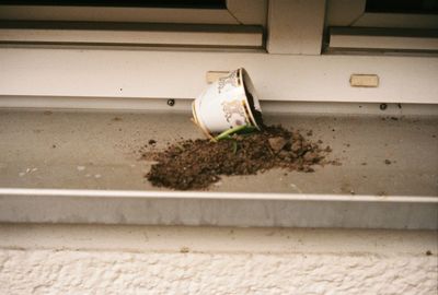 Close-up of cigarette on window sill