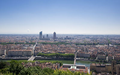 High angle view of buildings in city