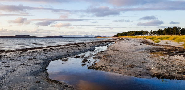 Scenic view of beach against sky during sunset