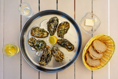 High angle view of food served on table
