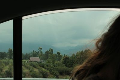 Rear view of woman seen through window