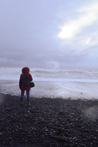 Rear view of man standing on beach against sky