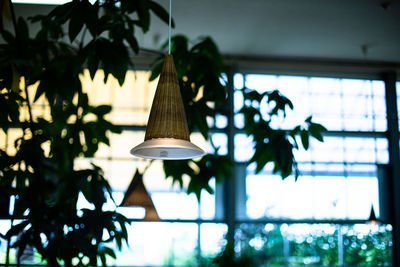 Low angle view of electric lamp hanging on ceiling