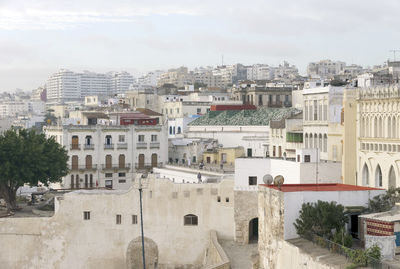 High angle view of buildings against sky