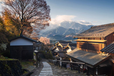 Houses amidst trees and buildings against sky during winter