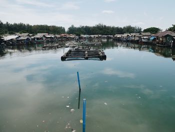 Scenic view of lake by building against sky