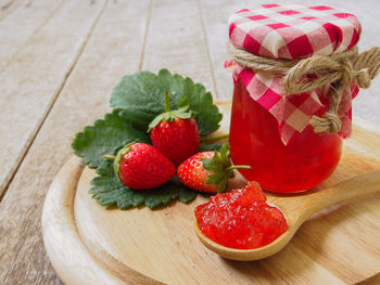 High angle view of strawberries on table