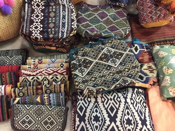 High angle view of multi colored purses for sale in market