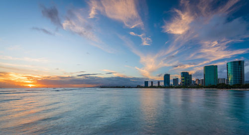 Scenic view of sea and buildings against sky during sunset