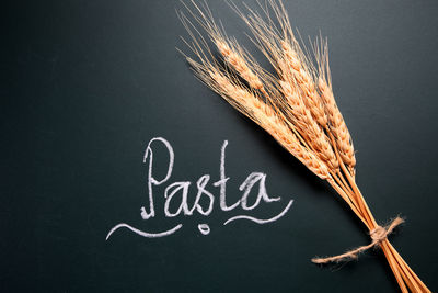 High angle view of text with ear of wheat on blackboard