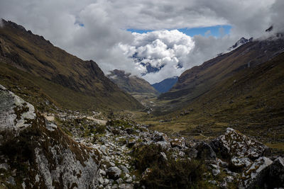 Scenic view of mountains against cloudy sky