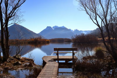 Scenic view of lake and mountains against sky