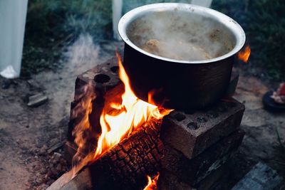 Close-up of bonfire on barbecue grill