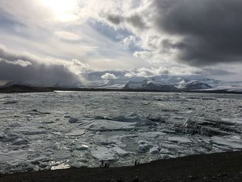 Scenic view of snowcapped mountains by sea against sky