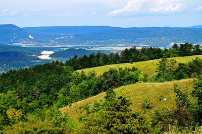 Scenic view of landscape by sea against sky