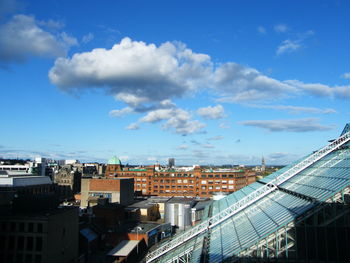 High angle view of buildings against sky