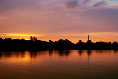 Scenic view of lake against orange sky