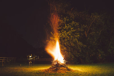 Bonfire against trees at night