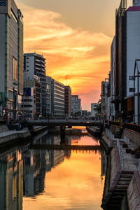 Bridge over river by buildings against sky during sunset