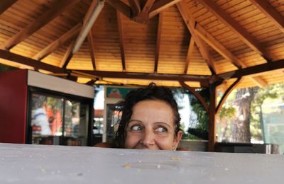 Portrait of young woman in cafe