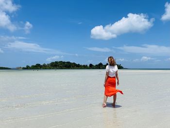 Rear view of woman standing at beach against sky