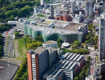 High angle view of street amidst buildings in city