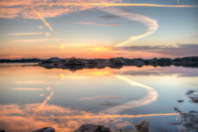 Scenic view of lake against sky during sunset