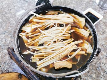 High angle view of noodles in bowl on table