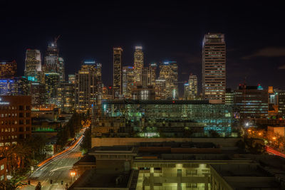 Illuminated financial district at night in california