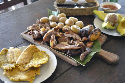 High angle view of food in plate on table