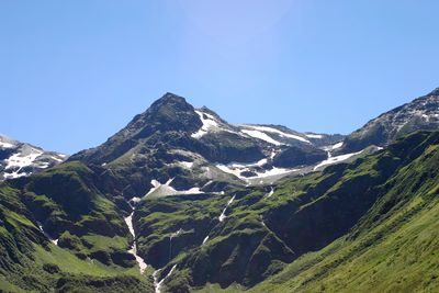 Scenic view of snowcapped mountains against clear sky