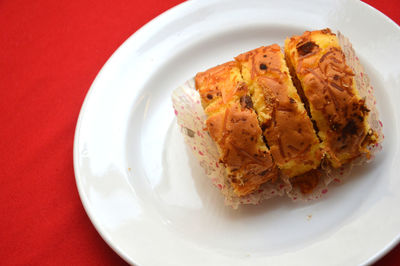 High angle view of bread in plate on table