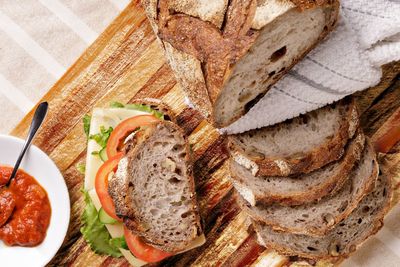 Directly above shot of breakfast served on table