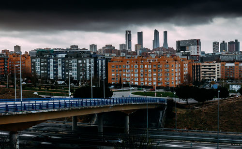 Bridge over river amidst buildings in city against sky