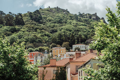 View over roofs of sintra to the hill and the castle of the moors