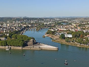 High angle view of river amidst buildings in city against sky