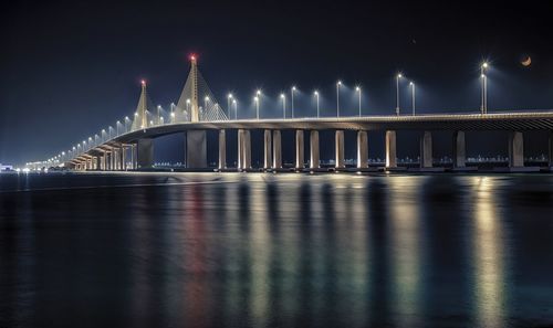 Illuminated bridge over river at night