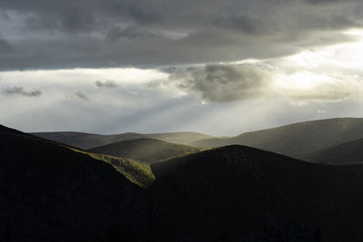 Scenic view of mountains against cloudy sky