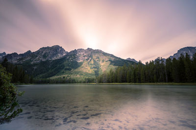 Scenic view of lake by mountains against sky