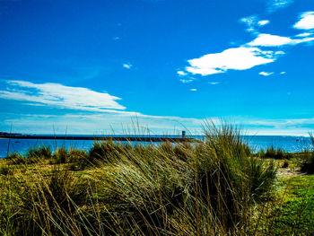 Scenic view of calm sea against cloudy sky