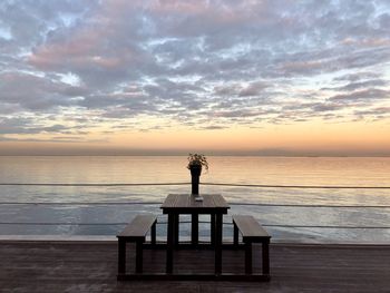 Rear view of man on beach against sky during sunset