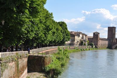 Bridge over river by buildings against sky