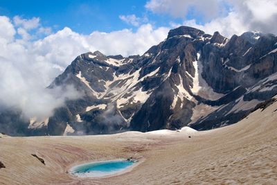 Scenic view of snowcapped mountains against sky