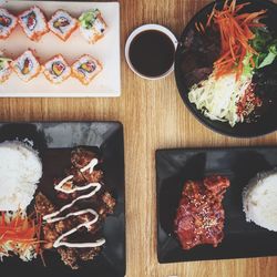 High angle view of meal served on table