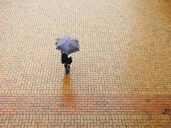 Woman holding umbrella while walking on cobblestone during rainy season