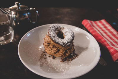 High angle view of cake in plate on table